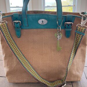 Fossil Key-Per tote bag - waxed canvas with turquoise leather trim VGU